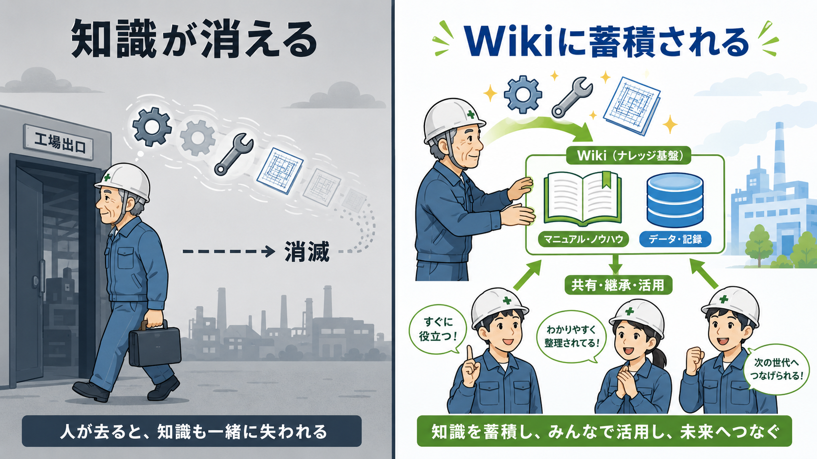知識が消える場合とWikiに蓄積される場合の比較図