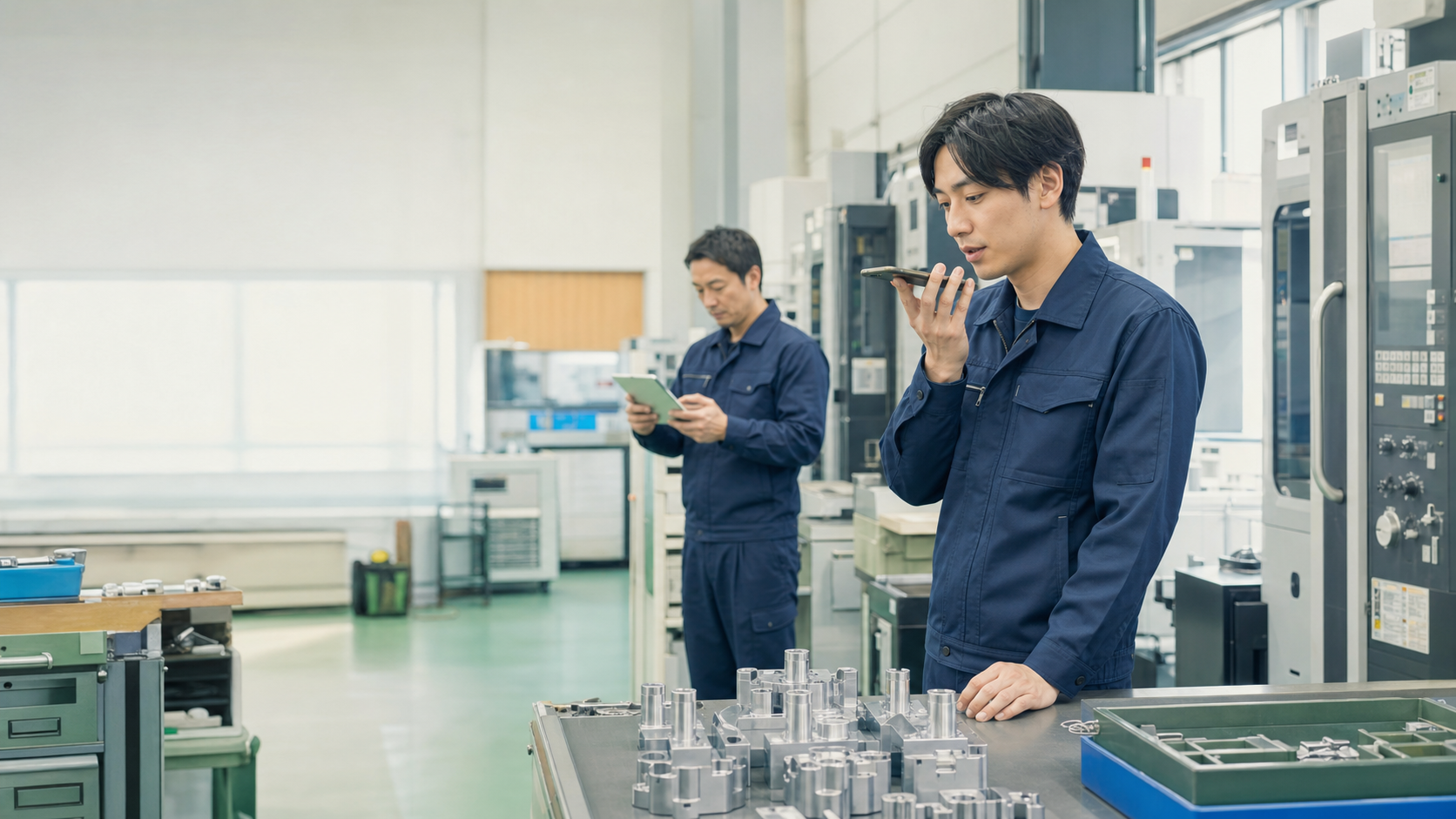 製造現場でスマートフォンから音声報告する作業者