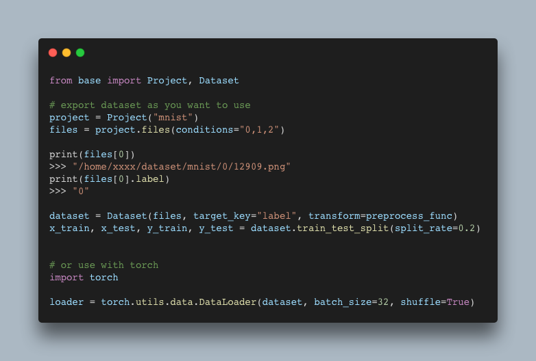  After defining the preprocessing operations for the dataset, it can be loaded as easily as calling iris in sklearn.datasets and you can immediately begin training with Numpy, PyTorch, etc.