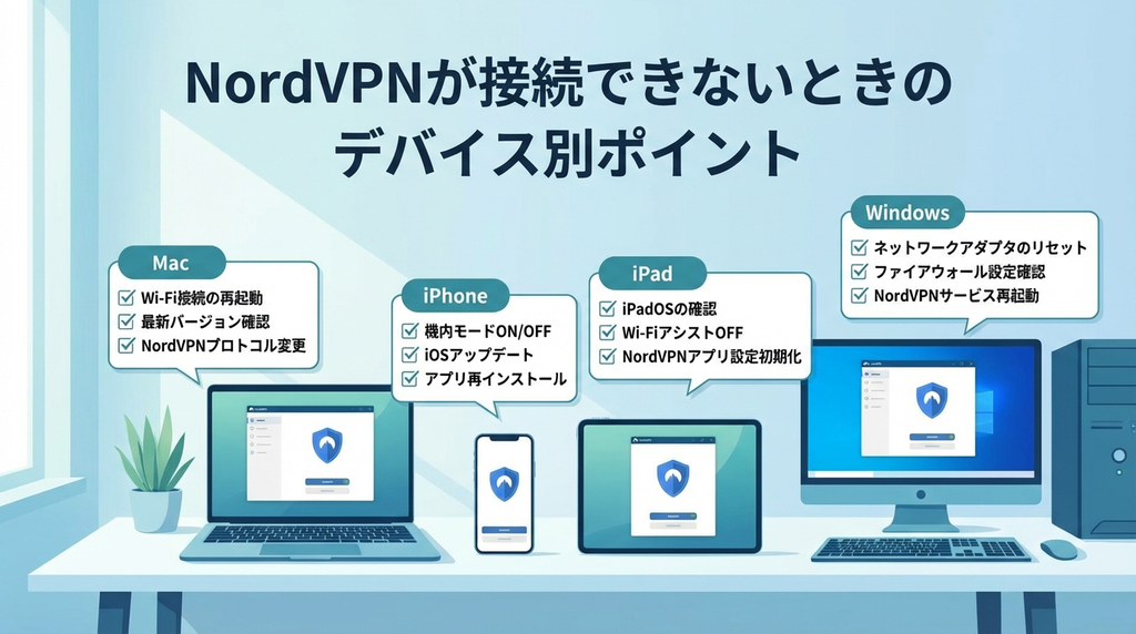 multiple devices smartphone tablet and laptop on desk showing VPN app settings