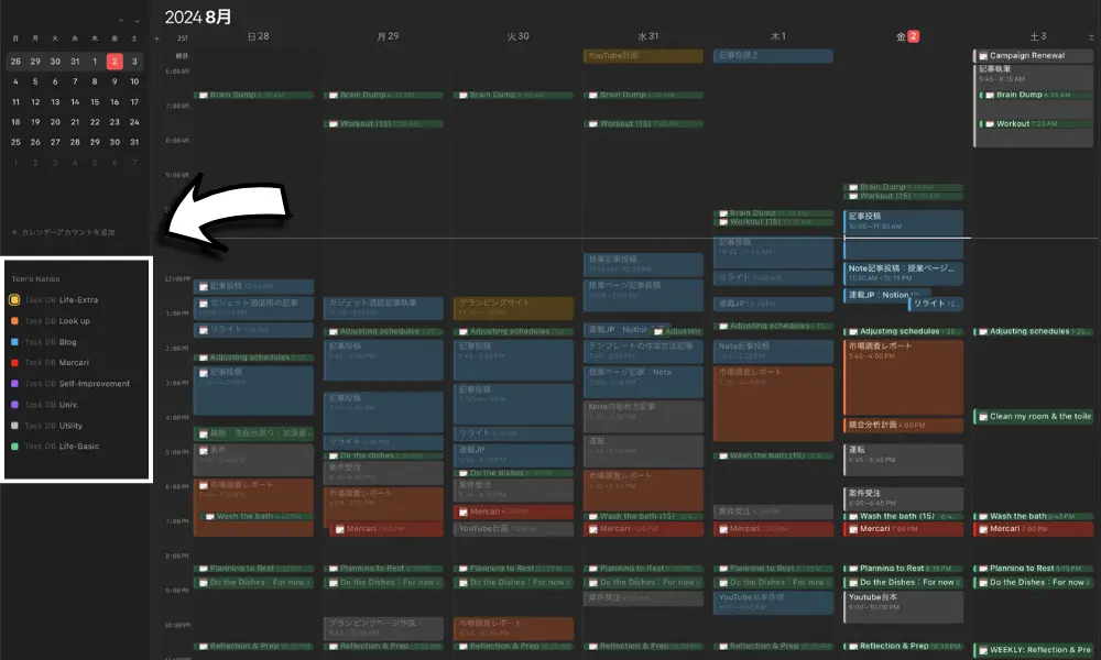 Notionカレンダーにデータベースが動悸されている
