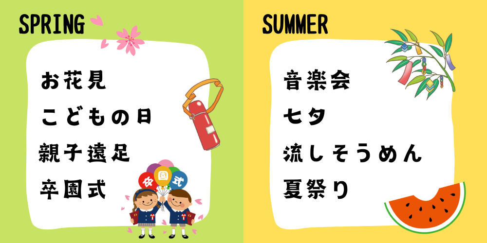 年間行事が参考に書いてあります。春はお花見や遠足、夏は七夕や夏祭りがあります。