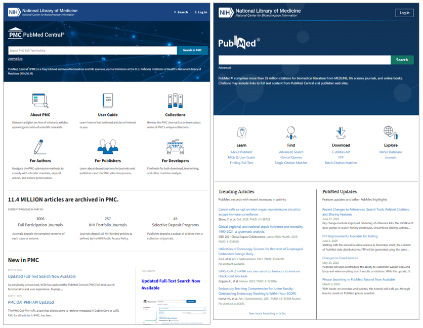 図3 PMC（左）とPubMed（右）のリニューアル後のトップページ