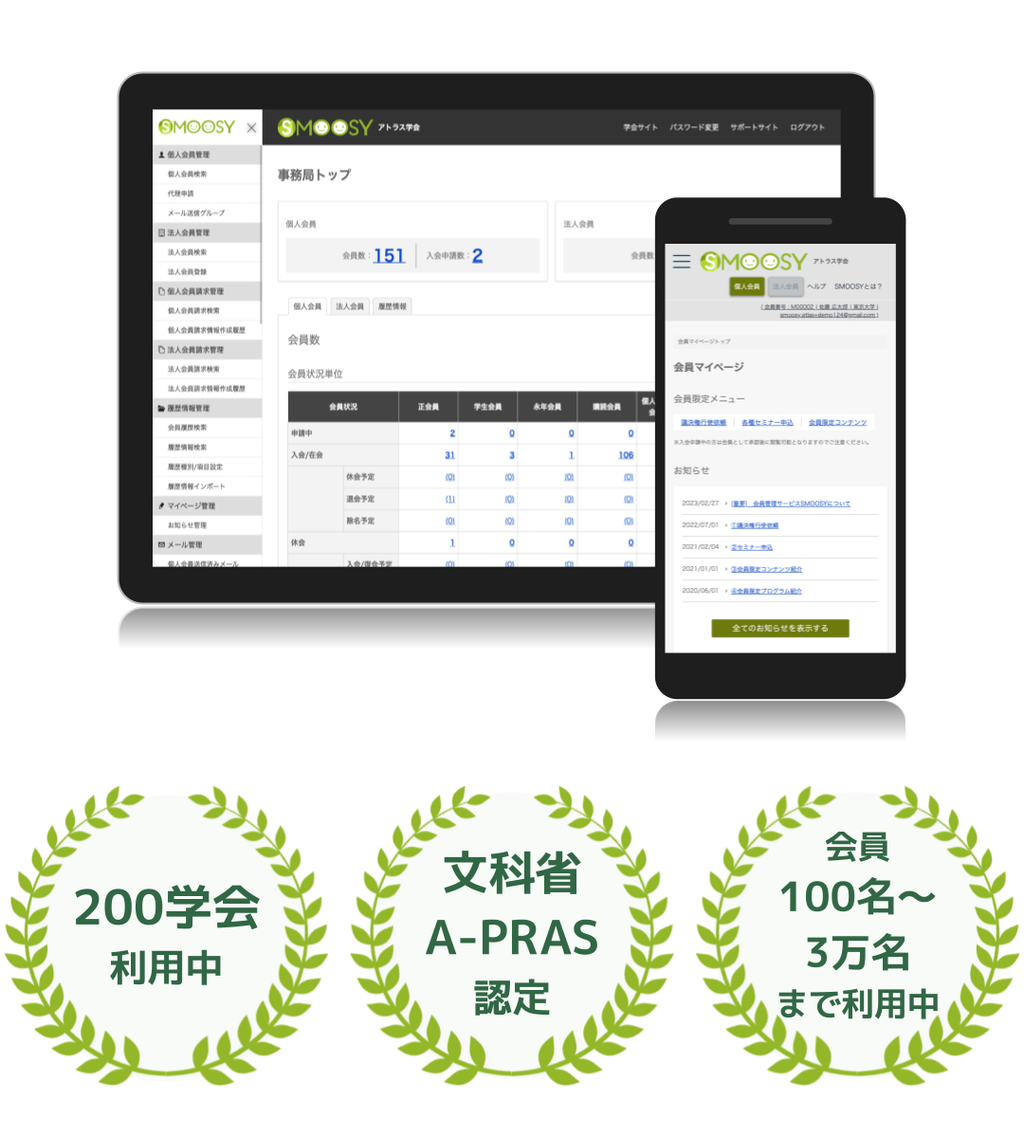 200学会利用中、文科省A-PRAS認定、会員100名〜3万名まで利用中