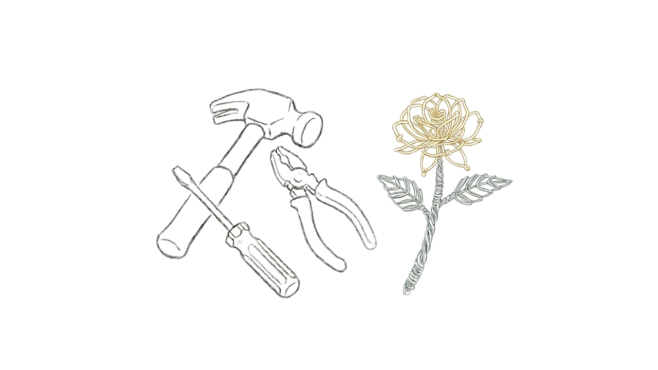 金づちやペンチなどの工具の横に、針金で作られた一輪のバラを描いたイラスト（畑違いの商品づくりのたとえ）
