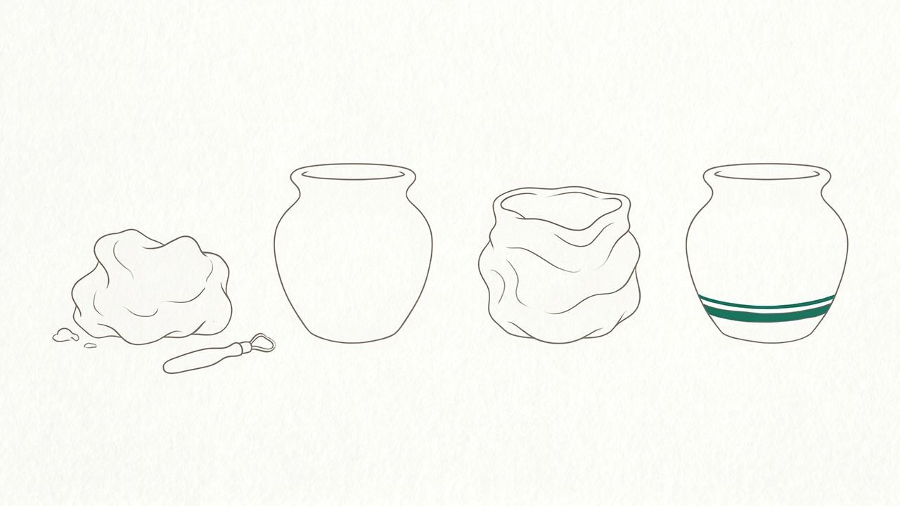 粘土の塊から壺が少しずつ形を変えながら完成していく途中経過を4段階で描いたイラスト