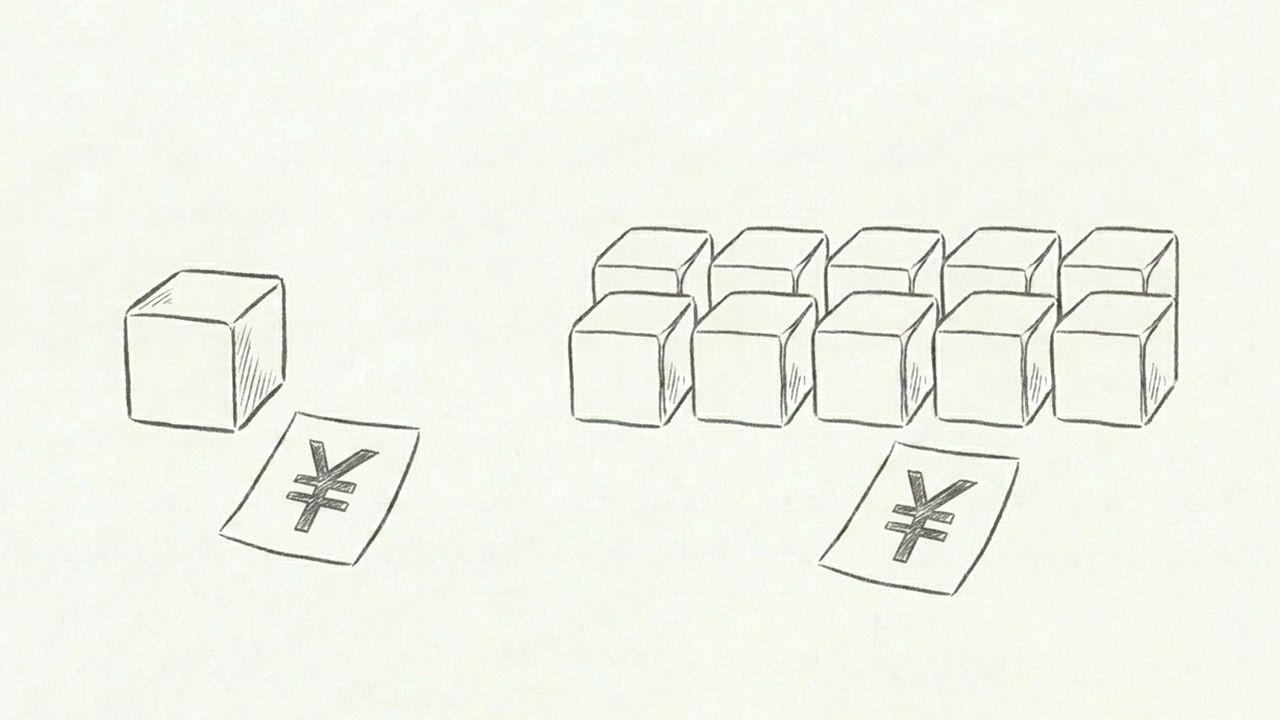 同じ形の部品が1個と10個、それぞれの手前に円マークの紙が1枚ずつ。数量によって1個あたりの原価が変わることを表したイラスト