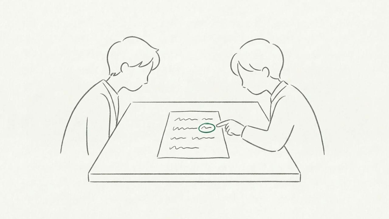 テーブルをはさんだ二人が、紙の上の緑で囲まれた一か所を指しながら一緒に見ている線画。追加の費用がかかる箇所を、作業に入る前に伝えて相談する場面を表している