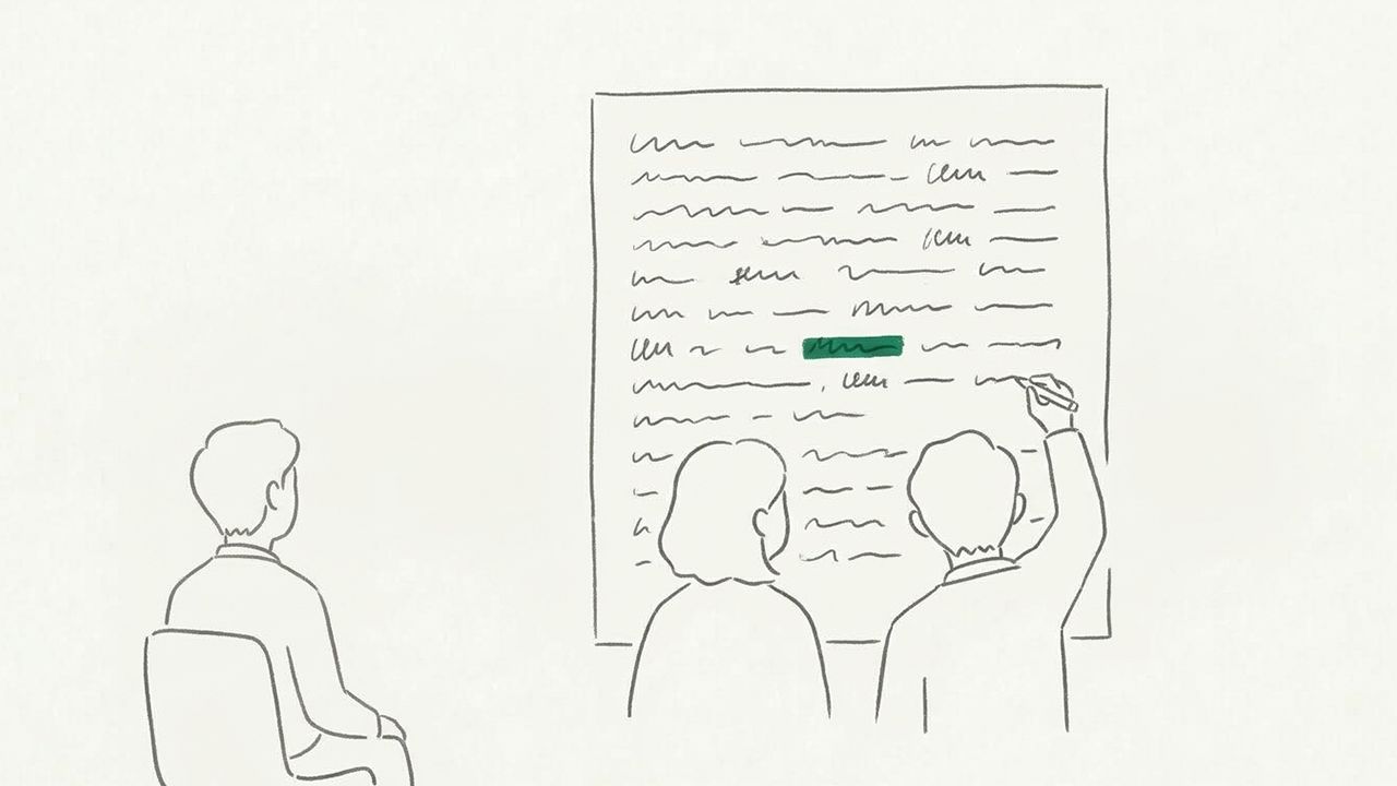 打ち合わせの場面のイラスト。壁に貼った紙に書き込みが並び、2人が立って書き足している。少し離れた場所に、もう1人が座って見ている。