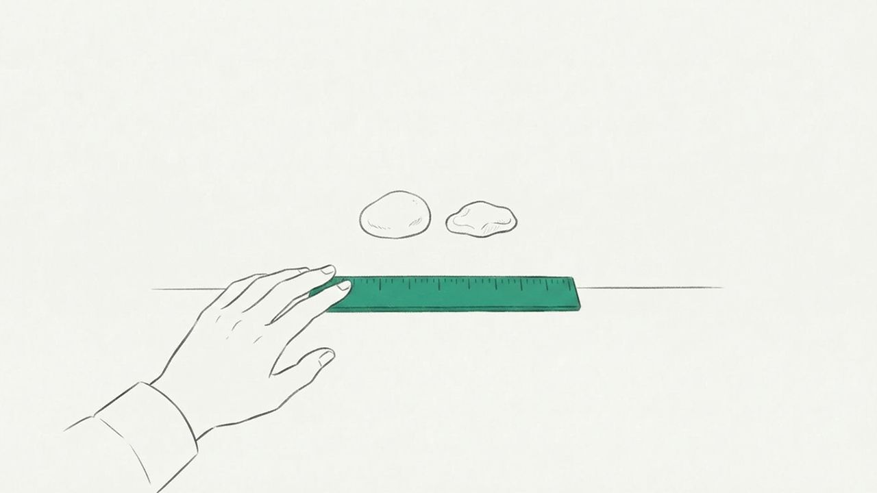 形の少し違う2つの小石の手前に、手が緑の定規をそっと置いている線画。好みで比べる前に、判断基準という物差しを先に用意することを表しています