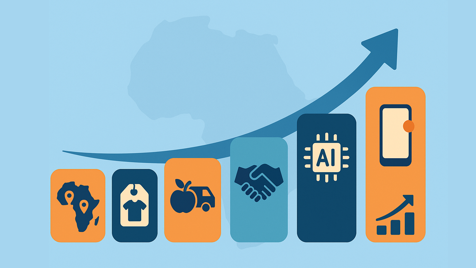 アフリカを背景にした成長戦略のイラスト。衣料・食品・物流・提携・AI・モバイルの6つの分野を表すアイコンと、右上に伸びる上昇グラフが描かれている。JumiaなどのEC企業の成長を象徴。