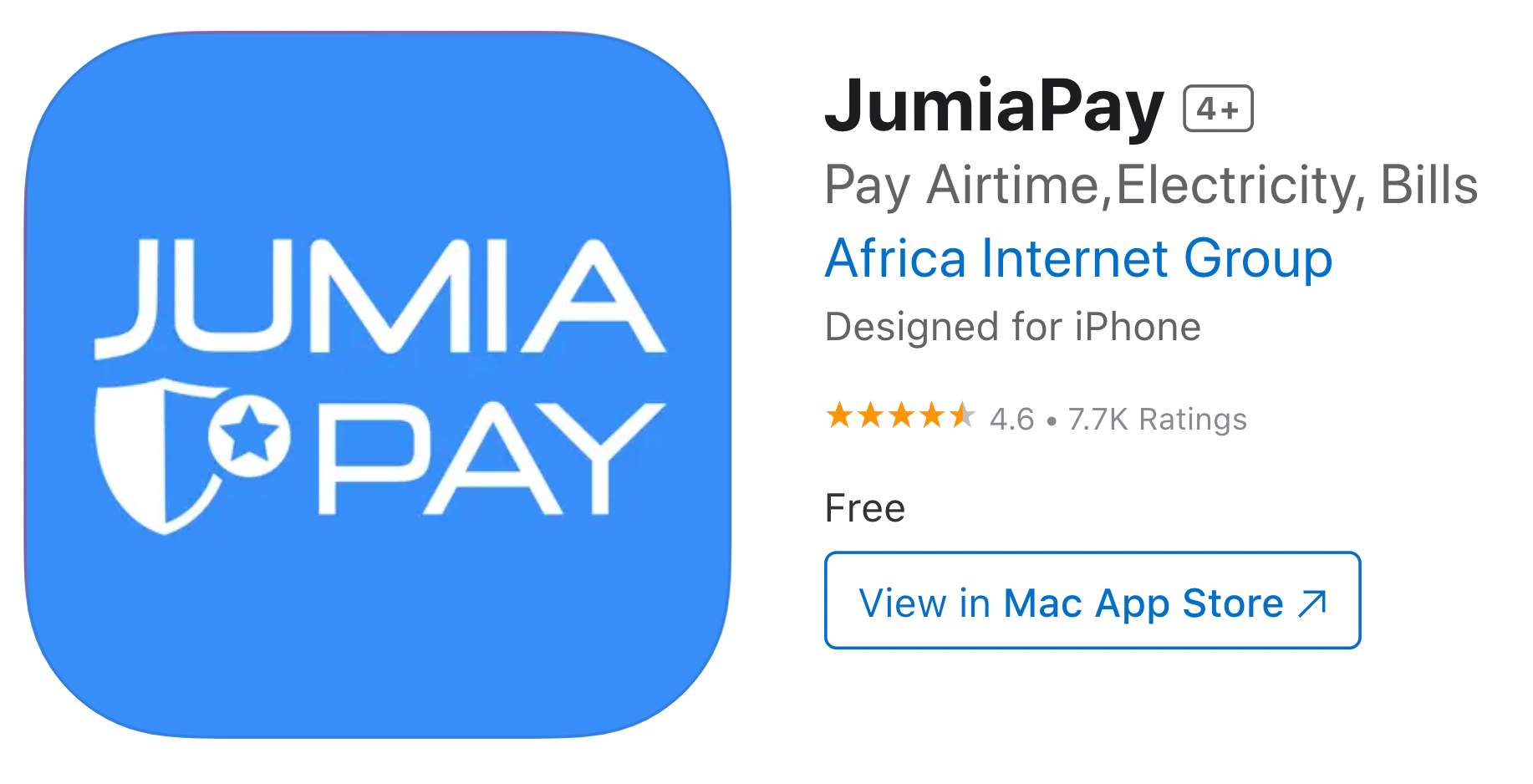 JumiaPayアプリのiOS版App Store画面。電気・通信料金の支払いに対応し、評価は4.6、7.7K件のレビューがある（スクリーンショット時点）