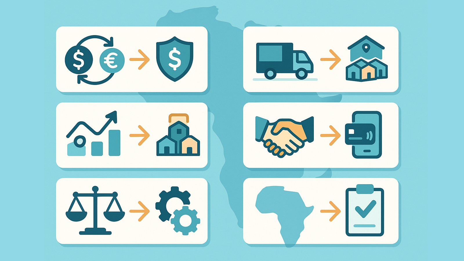 アフリカ大陸を背景にした、EC企業が直面するリスクとその対策フローを示すイラスト。為替→決済安定化、配送→倉庫整備、成長→地場連携、提携→電子決済、規制→仕組み化、地域展開→チェック体制といった順序をアイコンで可視化。