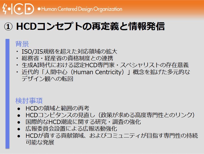 プレゼンテーションスライドの画像です。上部にはオレンジ色の帯があり、左端に「HCD」と稲妻のシンボルを組み合わせたロゴ、その右に「Human Centered Design Organization」と記されています。
中央には「① HCDコンセプトの再定義と情報発信」という大見出しがあり、その下に「背景」と「検討事項」の2つのセクションが箇条書きで記載されています。それぞれの内容は以下の通りです。
背景
ISO/JIS規格を超えた対応領域の拡大
総務省・経産省の資格制度との連携
生成AI時代における認定HCD専門家・スペシャリストの存在意義
近代的「人間中心(Human Centricity)」概念を拡げた多元的なデザイン観への転回
検討事項
HCDの領域と範囲の再考
HCDコンピタンスの見直し(政策が求める高度専門性とのリンク)
国際的なHCD潮流に関する研究・調査の強化
広報委員会設置による広報活動強化
HCDが資する貢献領域、およびコミュニティが目指す専門性の持続可能な発展