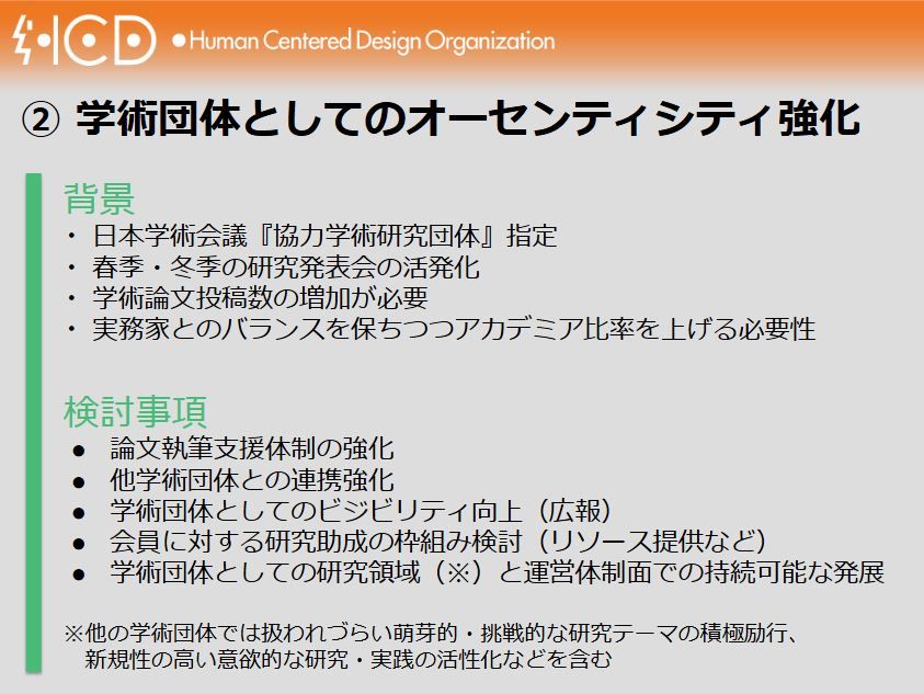 プレゼンテーションスライドの画像です。上部にはオレンジ色の帯があり、左端に「HCD」と稲妻のシンボルを組み合わせたロゴ、その右に「Human Centered Design Organization」と記されています。
中央には「② 学術団体としてのオーセンティシティ強化」という大見出しがあり、その下に「背景」と「検討事項」の2つのセクションが箇条書きで、さらに最下部には注釈が記載されています。それぞれの内容は以下の通りです。
背景
日本学術会議『協力学術研究団体』指定
春季・冬季の研究発表会の活発化
学術論文投稿数の増加が必要
実務家とのバランスを保ちつつアカデミア比率を上げる必要性
検討事項
論文執筆支援体制の強化
他学術団体との連携強化
学術団体としてのビジビリティ向上(広報)
会員に対する研究助成の枠組み検討(リソース提供など)
学術団体としての研究領域(※)と運営体制面での持続可能な発展
注釈
※他の学術団体では扱われづらい萌芽的・挑戦的な研究テーマの積極励行、新規性の高い意欲的な研究・実践の活性化などを含む