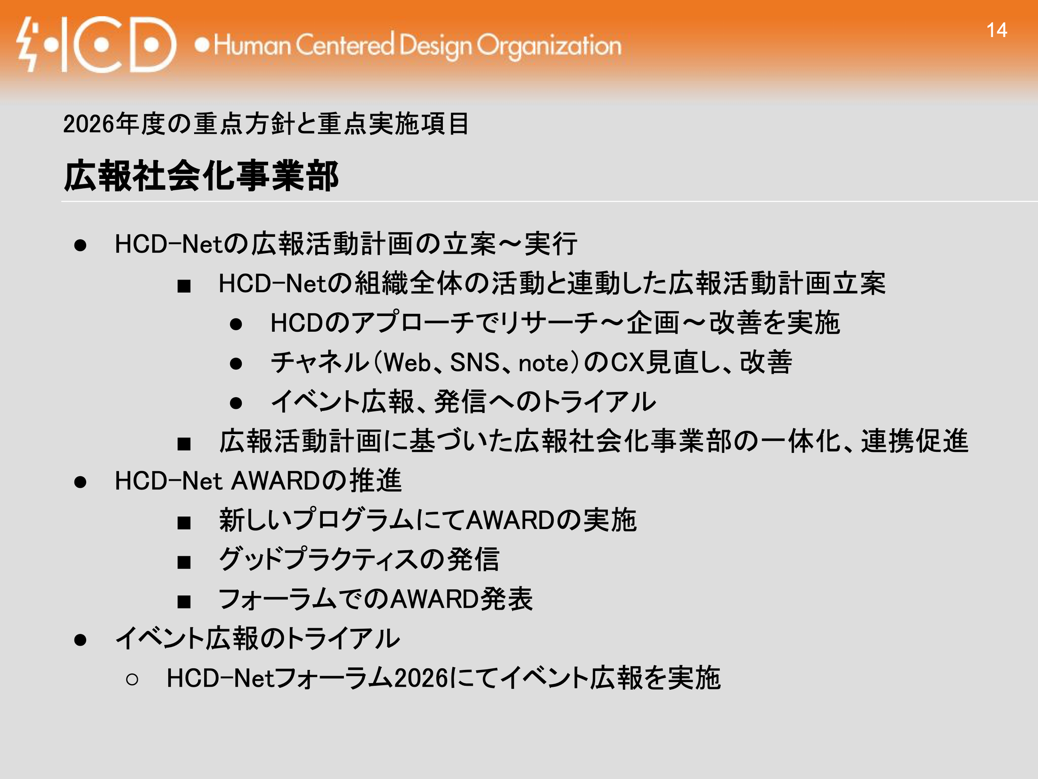 プレゼンテーションスライドの画像です。上部にはオレンジ色の帯があり、左端に「HCD」と稲妻のシンボルを組み合わせたロゴ、その右に「Human Centered Design Organization」、右端にはスライド番号「14」が記されています。
中央には「2026年度の重点方針と重点実施項目」および「広報社会化事業部」という大見出しがあり、その下に階層化された箇条書きで活動内容が記載されています。内容は以下の通りです。
HCD-Netの広報活動計画の立案〜実行
HCD-Netの組織全体の活動と連動した広報活動計画立案
HCDのアプローチでリサーチ〜企画〜改善を実施
チャネル（Web、SNS、note）のCX見直し、改善
イベント広報、発信へのトライアル
広報活動計画に基づいた広報社会化事業部の一体化、連携促進
HCD-Net AWARDの推進
新しいプログラムにてAWARDの実施
グッドプラクティスの発信
フォーラムでのAWARD発表
イベント広報のトライアル
HCD-Netフォーラム2026にてイベント広報を実施