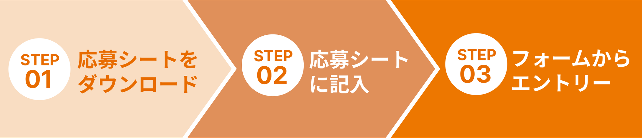 3ステップの矢印フロー図: STEP01 応募シートをダウンロード、STEP02 応募シートに記入、STEP03 フォームからエントリー