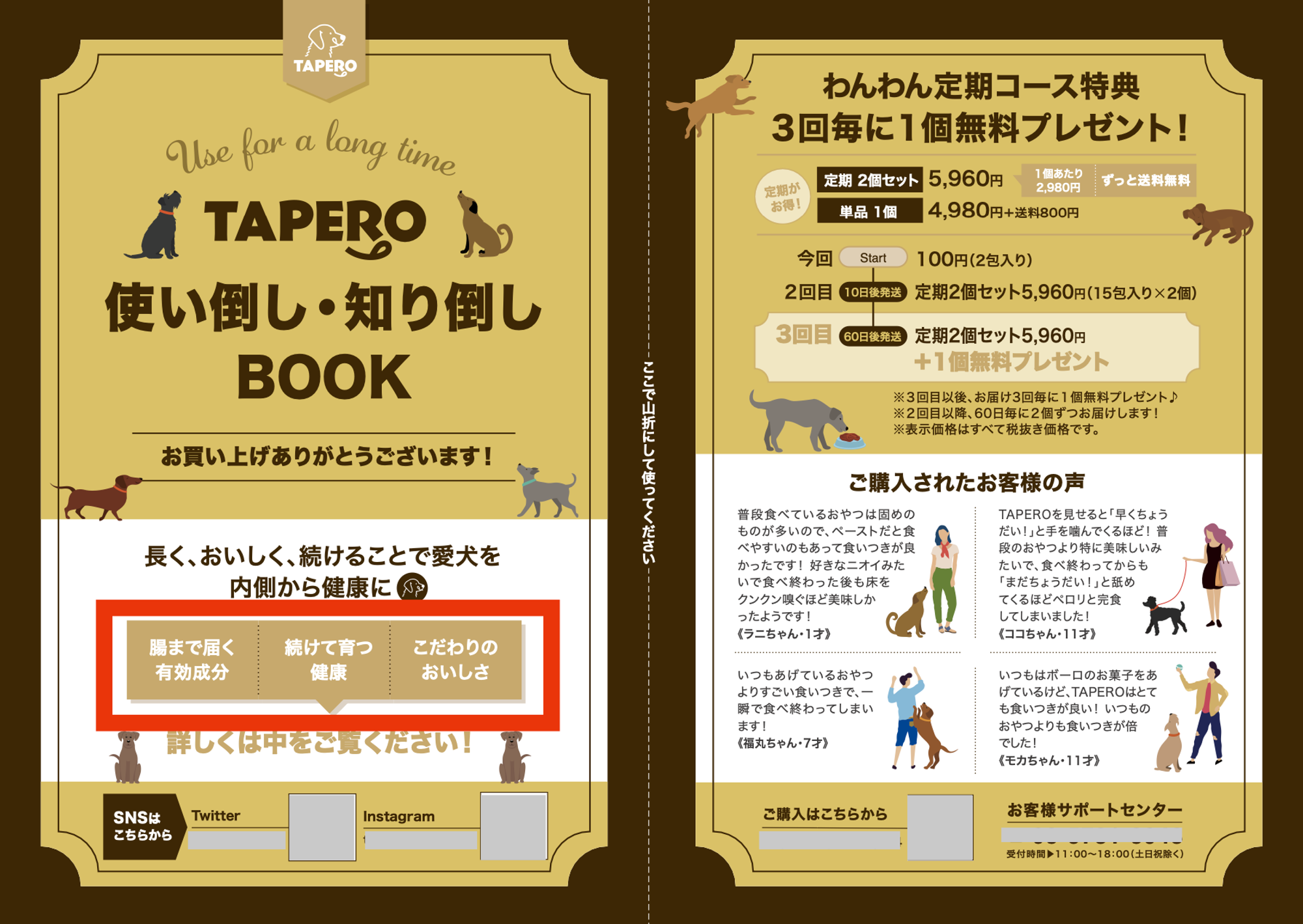 図：犬向けの健康おやつ「TAPERO」の紹介チラシ表面。お試し購入者向け。
ーーー
TAPERO「使い倒し・知り倒しBOOK」
お買い上げありがとうございます！

長く、おいしく、続けることで愛犬を内側から健康にの
・腸まで届く有効成分
・続けて育つ健康
・こだわりのおいしさ
詳しくは中をご覧ください！
ーーー