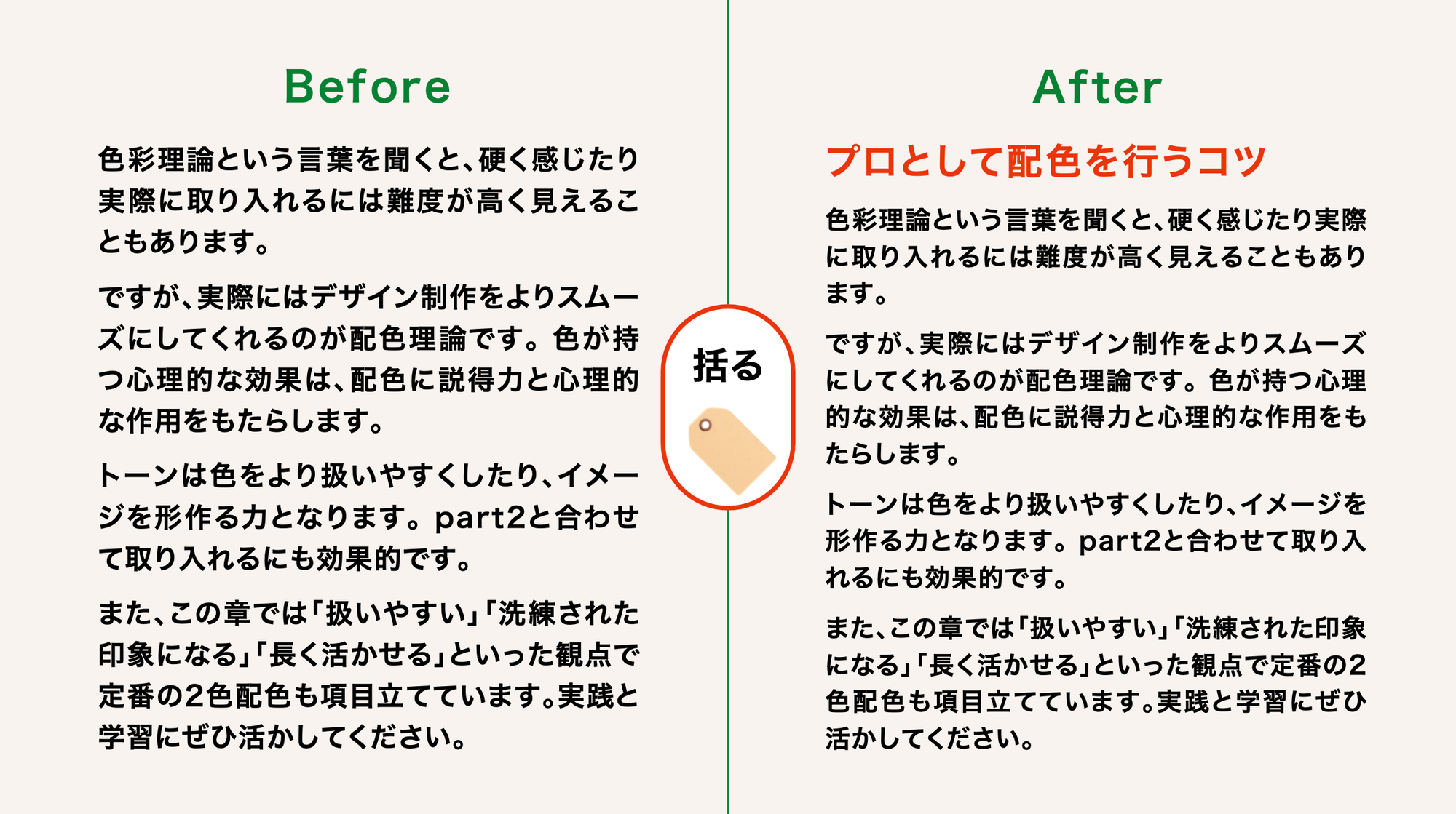 図：文章全体を括る見出しをつけました
【例】
（見出し）●プロとして配色を行うコツ
色彩理論という言葉を聞くと、硬く感じたり実際に取り入れるには難度が高く見えることもあります。（改行）
ですが、実際にはデザイン制作をよりスムーズにしてくれるのが配色理論です。色が持つ心理的な効果は、配色に説得力と心理的な作用をもたらします。（改行）
トーンは色をより扱いやすくしたり、イメージを形作る力となります。part2と合わせて取り入れるにも効果的です。（改行）
また、この章では「扱いやすい」「洗練された印象になる」「長く活かせる」といった観点で定番の2色配色も項目立てています。実践と学習にぜひ活かしてください。