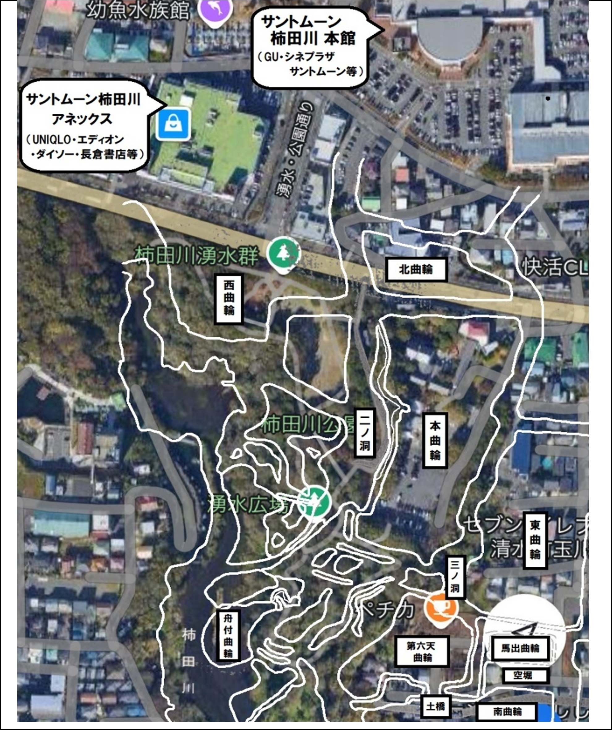 図1.現在と縄張り図の比較
『静岡県の城跡』編纂委員会, 静岡古城研究会 (2012) をもとにGoogle マップ上に作成した。