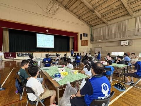 図.「これからペットボトルロケットの作り方を説明します。」熱心に聞いている子どもたち。青いビブスはボランティアの指導者。令和7年9月(沼津市内の小学校体育館で)。