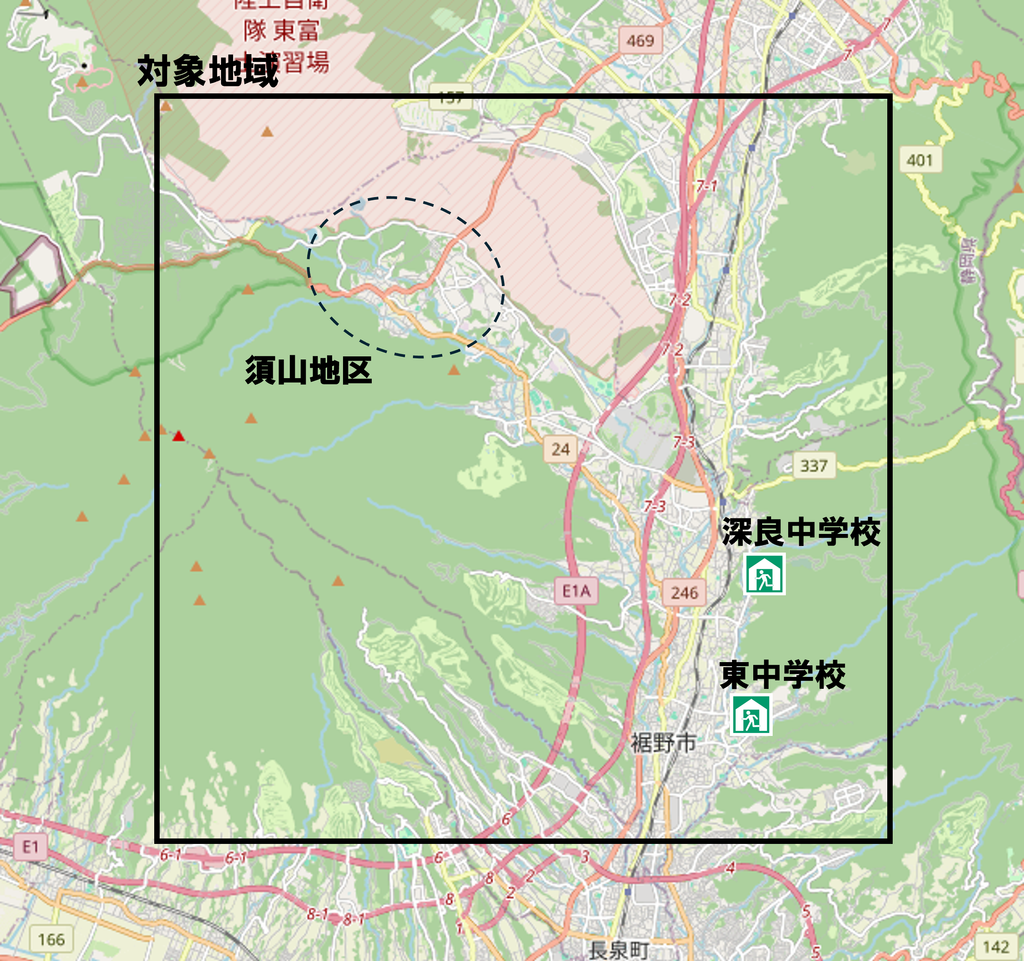 図1.対象区域と避難所の位置関係