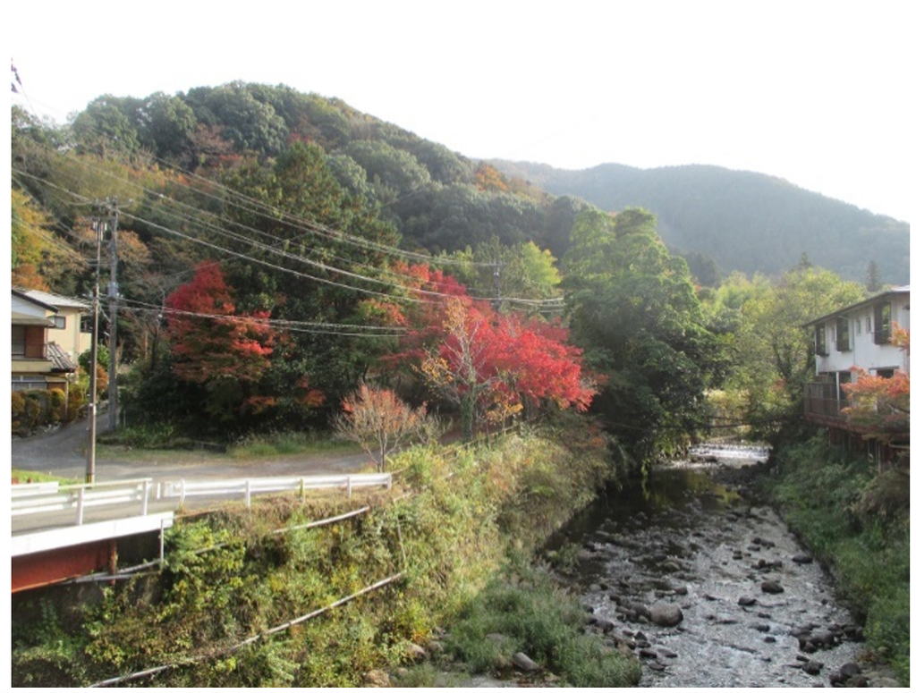 図２５．船原温泉（令和2年撮影）　右に船原館、その対岸が船原ホテルの跡地
