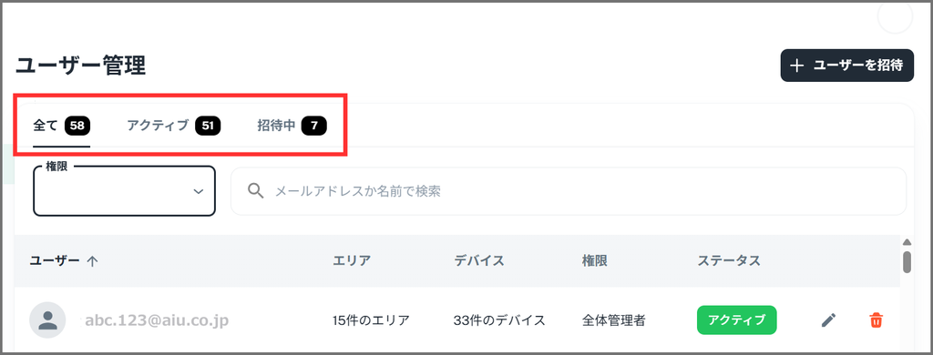 ユーザーのステータスタブ