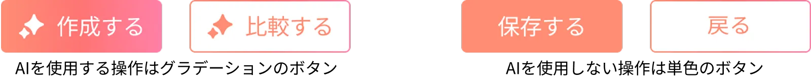 UIパーツの比較。「作成する」「比較する」などのAI関連ボタンはグラデーション、「保存する」「戻る」などの通常ボタンは単色になっています。