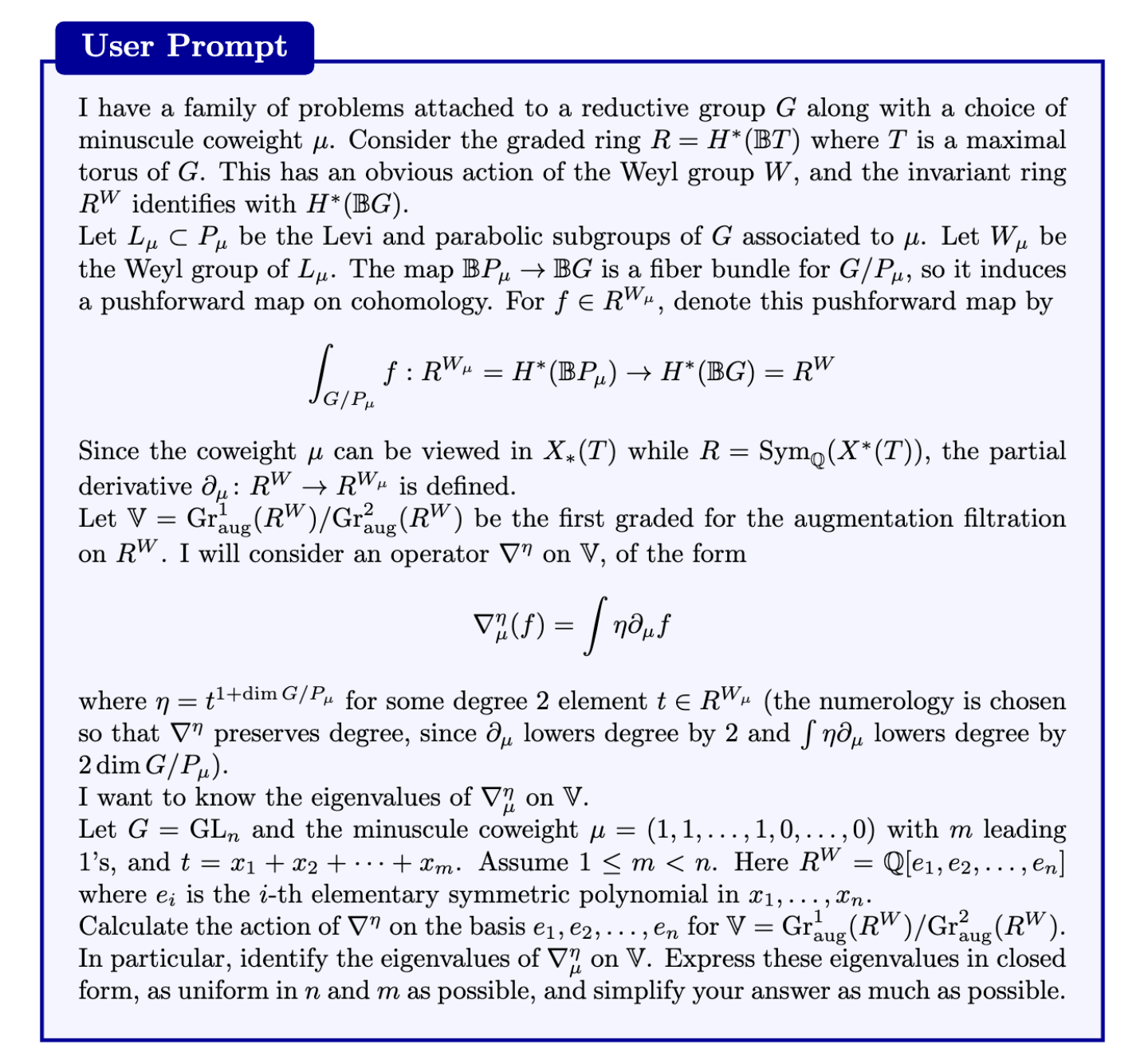 簡約代数群 (G) と、そこから選んだ ミニスキュール余重み (u) に付随する一族の問題を考える。極大トーラスを (T) とし…