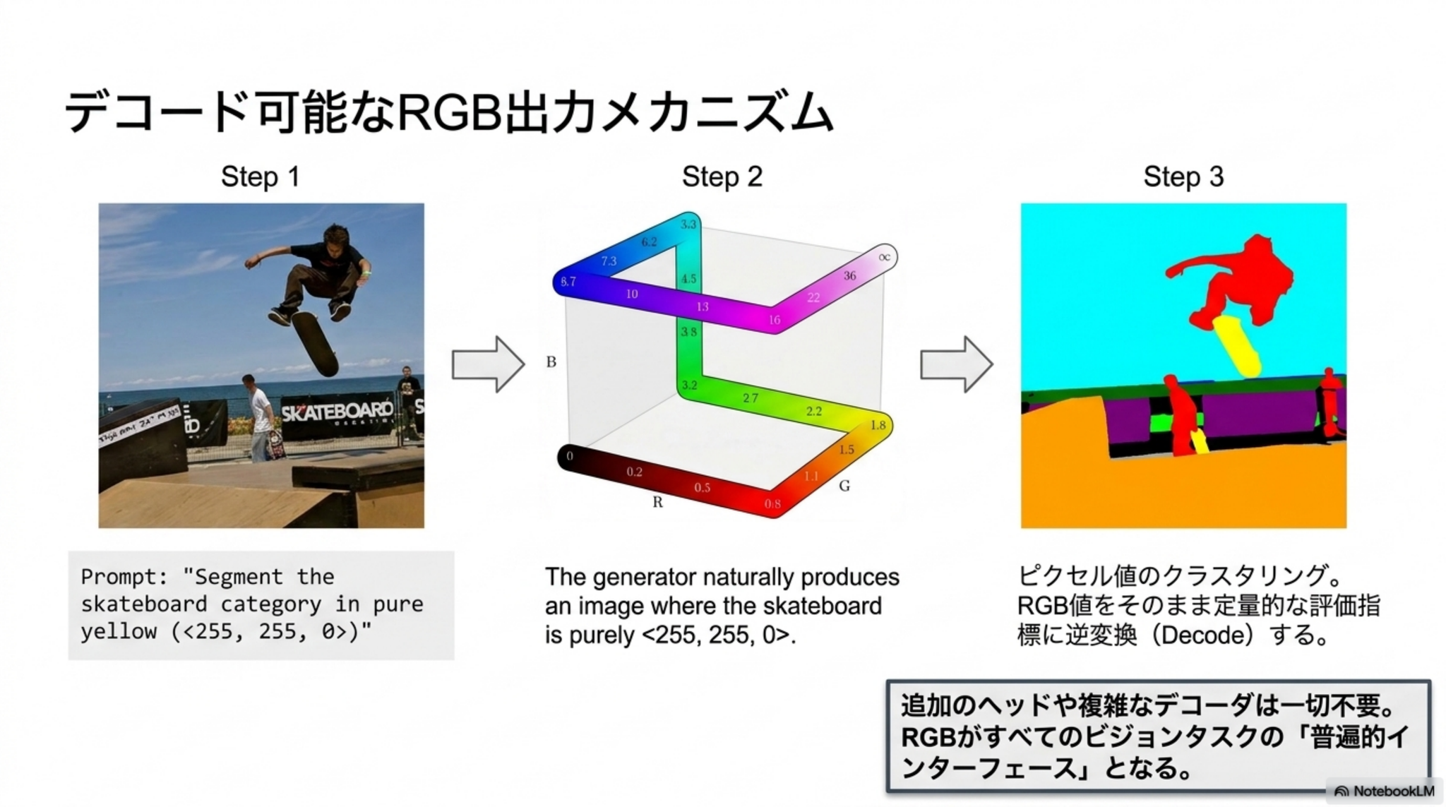 メートル単位の深度値 → 0〜1 のスカラー → RGB cube の辺上の色 のステップを経て距離情報をRGB画像として出力させている