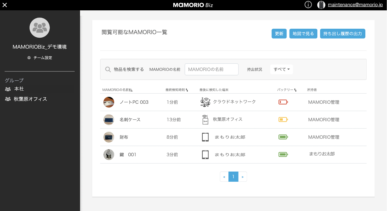 管理コンソールの一覧画面