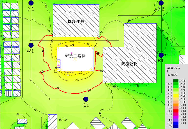 変更案：対策後の平面コンターマップ（計算高さH=1.5m）