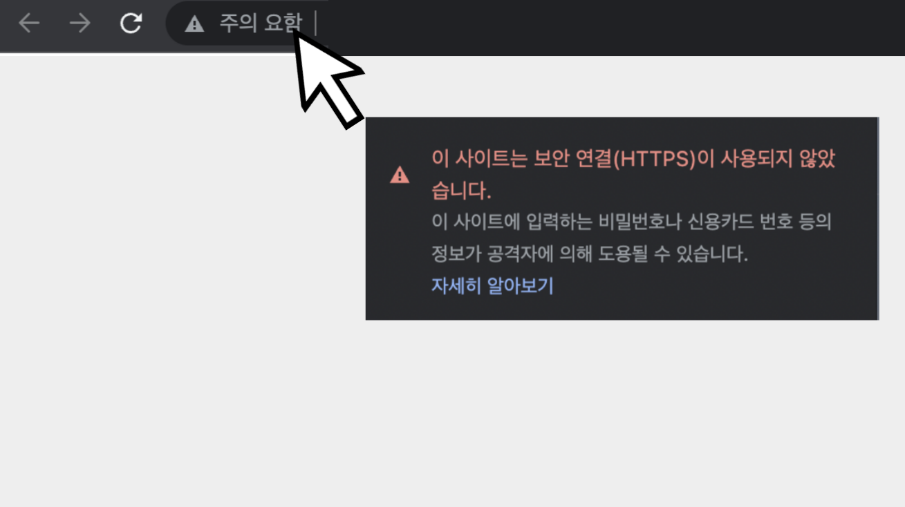 http://로 시작하는 사이트의 경우 주소 창의 왼쪽을 보면 ⚠️ 주의 요함 이라고 뜨는 것을 알 수 있습니다.