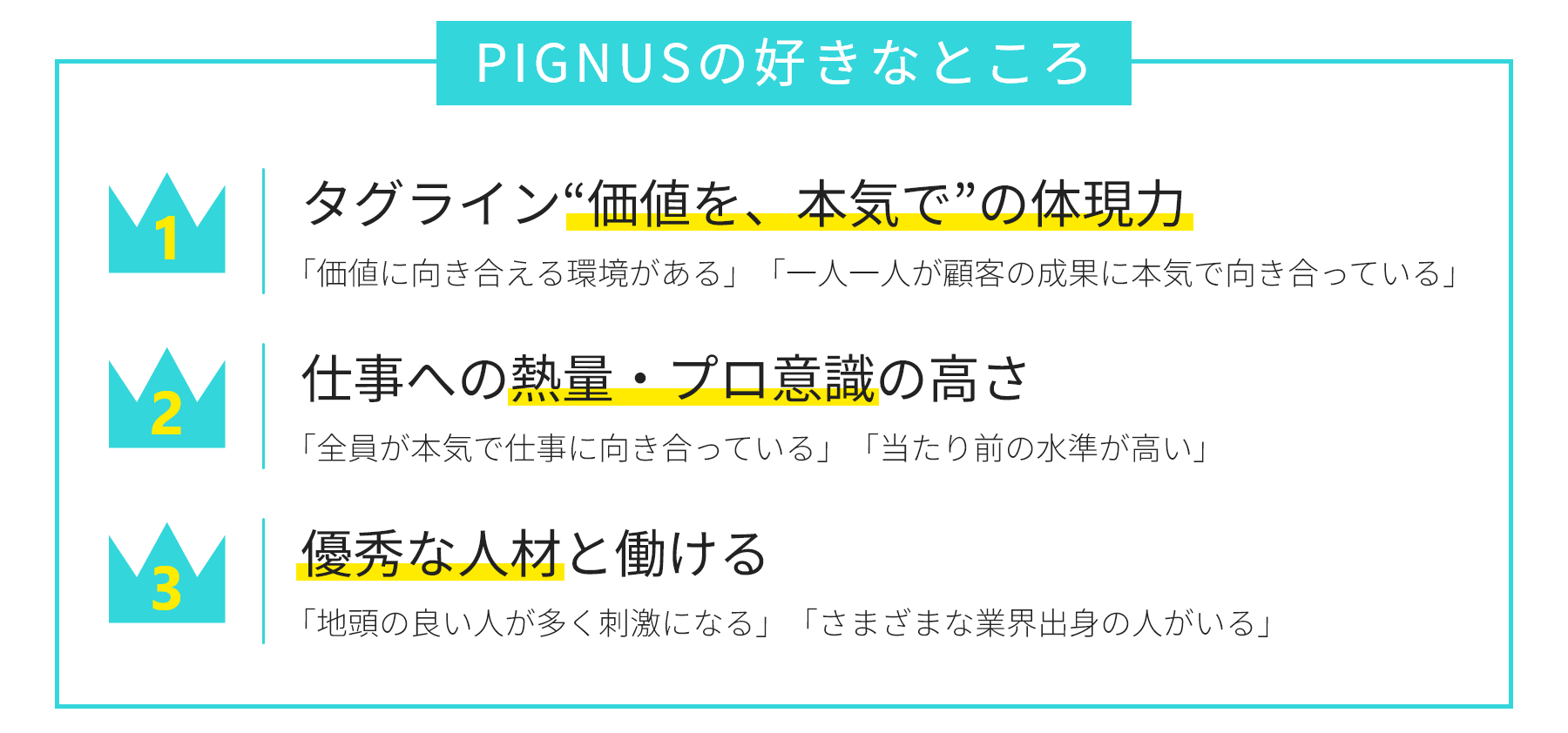 社員が選んだ「PIGNUSの好きなところ」ランキング。1位：タグライン"価値を、本気で"の体現力、2位：仕事への熱量・プロ意識の高さ、3位：優秀な人材と働ける。