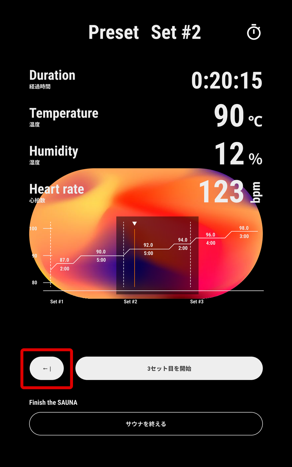 間違って次のセットを開始してしまった場合は、前のセットに戻ることができます。