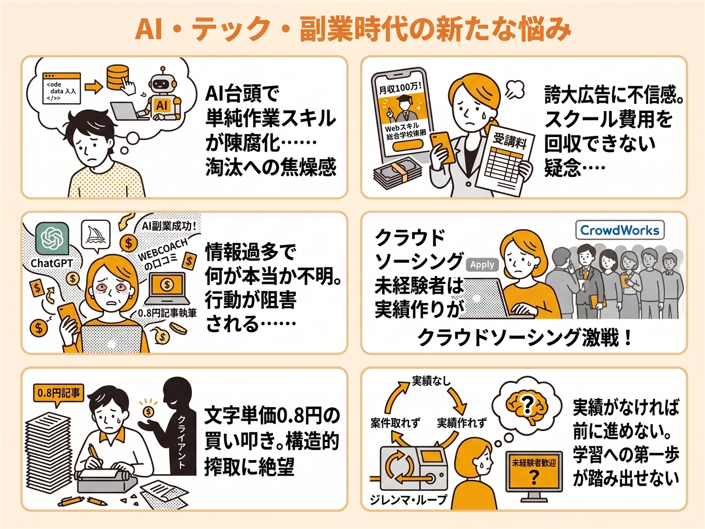 AI・テック・副業時代の新たな悩み：スキル陳腐化への焦燥、誇大広告への不信、情報過多、クラウドソーシング激戦、買い叩き、未経験者のジレンマループ