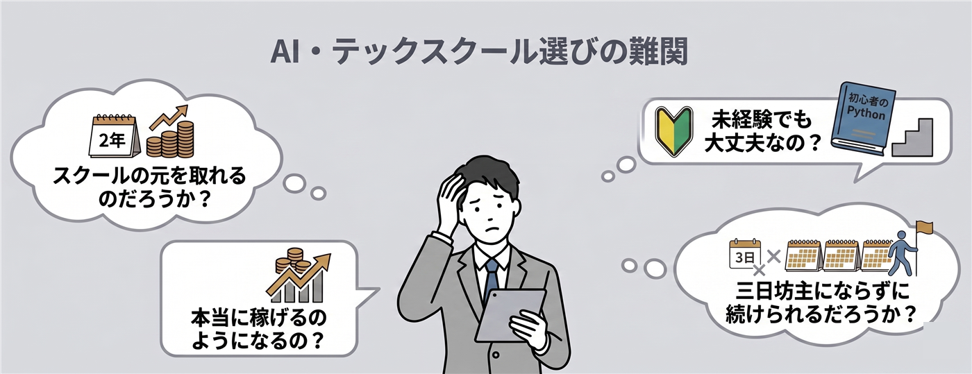 AI・テックスクール選びの難関：スクールの元を取れるのか、本当に稼げるようになるのか、未経験でも大丈夫か、三日坊主にならず続けられるか