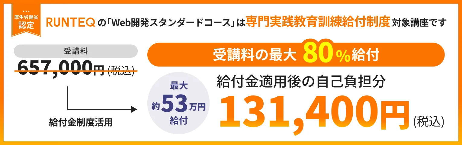 RUNTEQの「Web開発スタンダードコース」は専門実践教育訓練給付制度の対象講座。受講料657,000円が最大80%給付で自己負担131,400円に