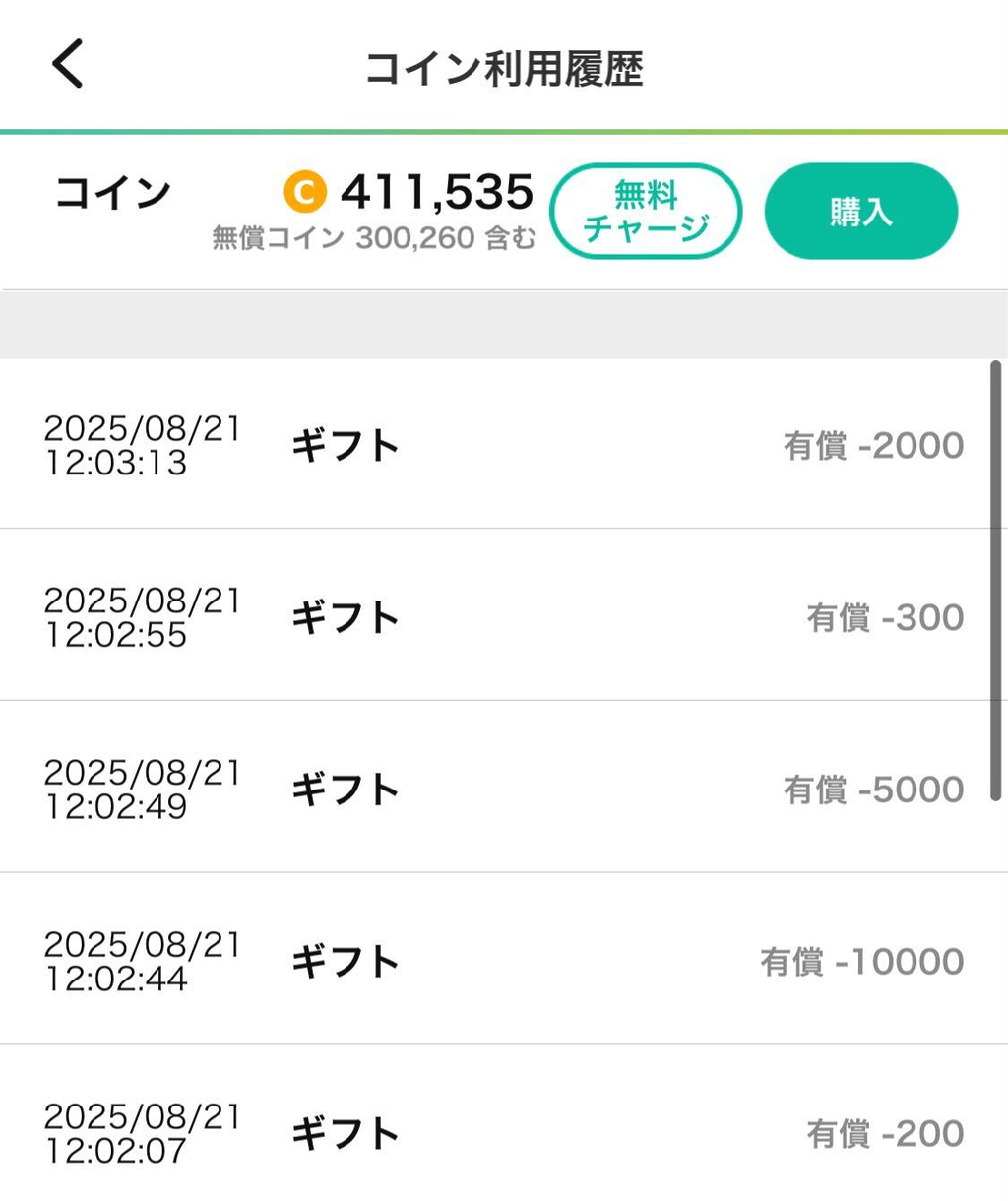 獲得は「+」、消費は「-」で表示されます