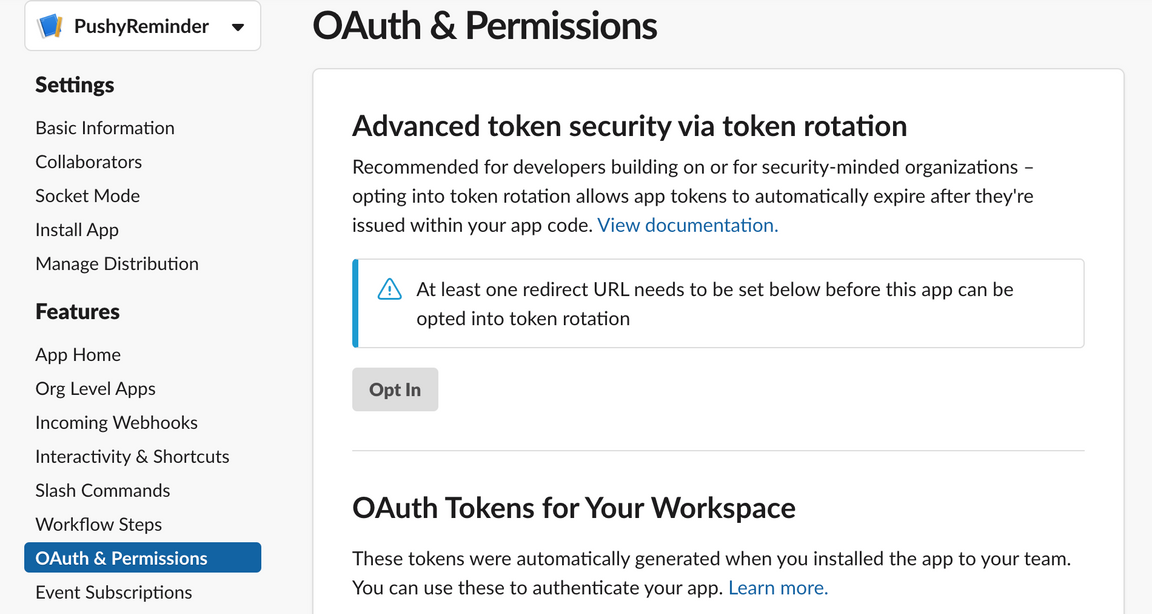 図10. OAuth & Permissions 画面