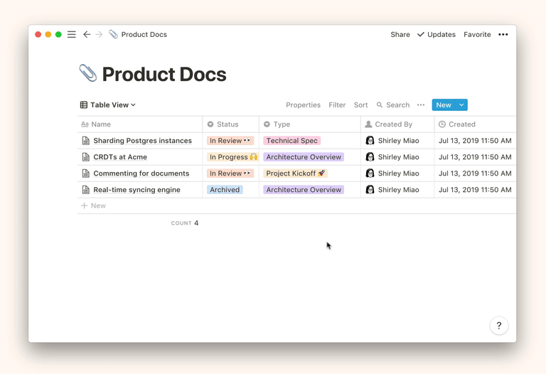 For each item in this database, properties show its status, type, who it was created by and when.