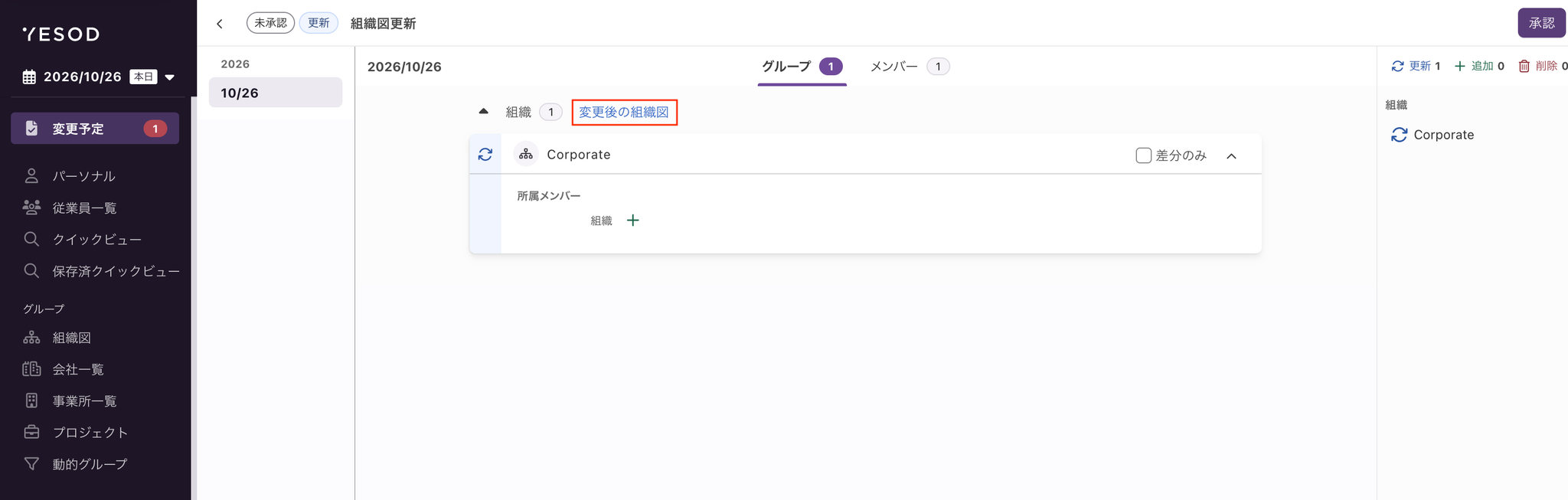 変更予定の詳細画面から「変更後の組織図」を開く