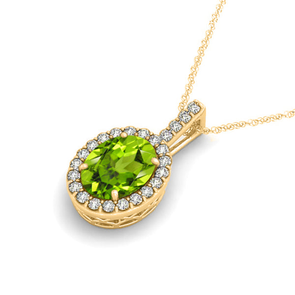 14K Yellow Gold 1.12ct Peridot & Diamond Halo Oval Pendant Necklace Fashionable Jewelry Design