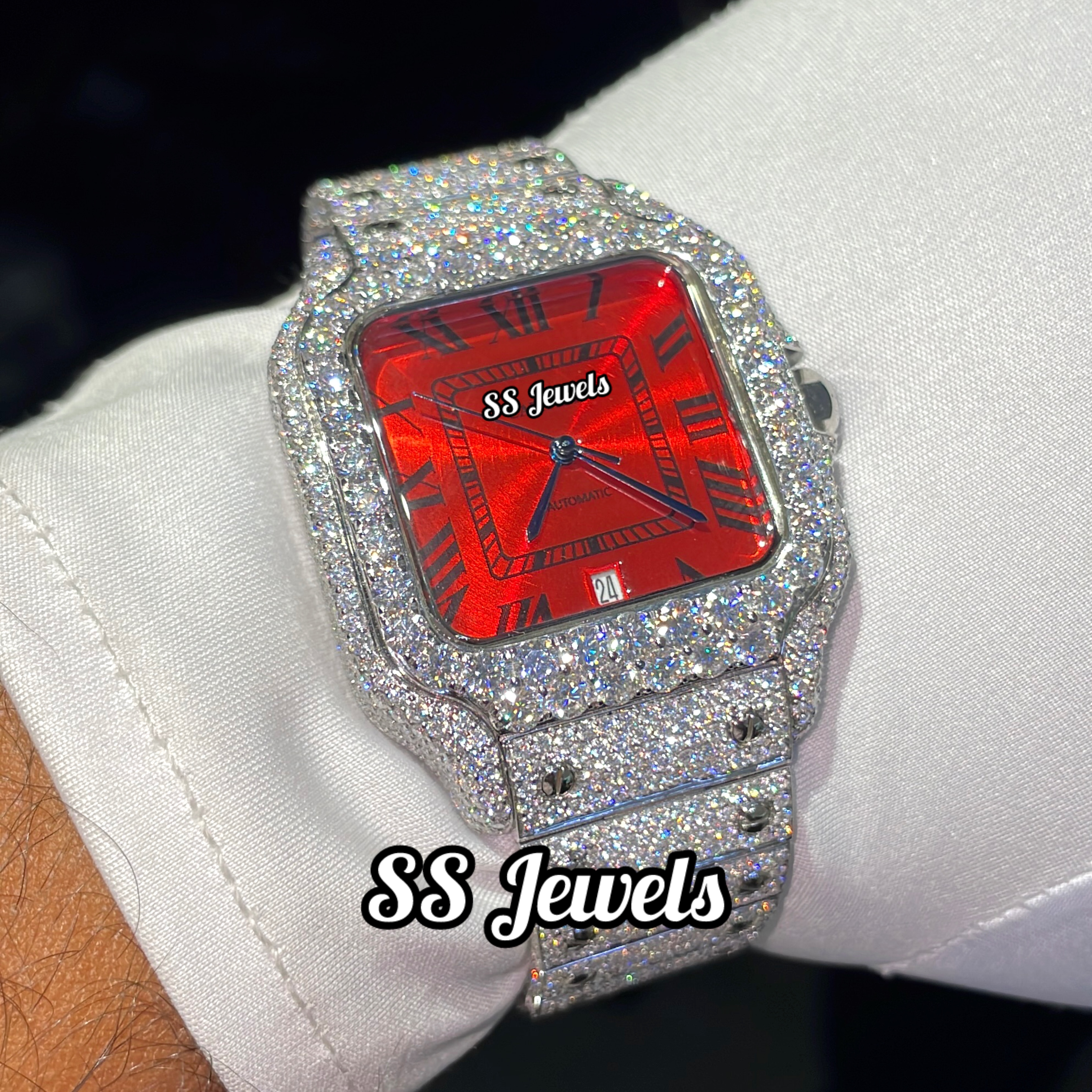 Hot Selling Luxury Lab Diamond Mechanical Watch Red Roman Custom High Quality ETA Automatic Movement Stainless Steel Case Glass