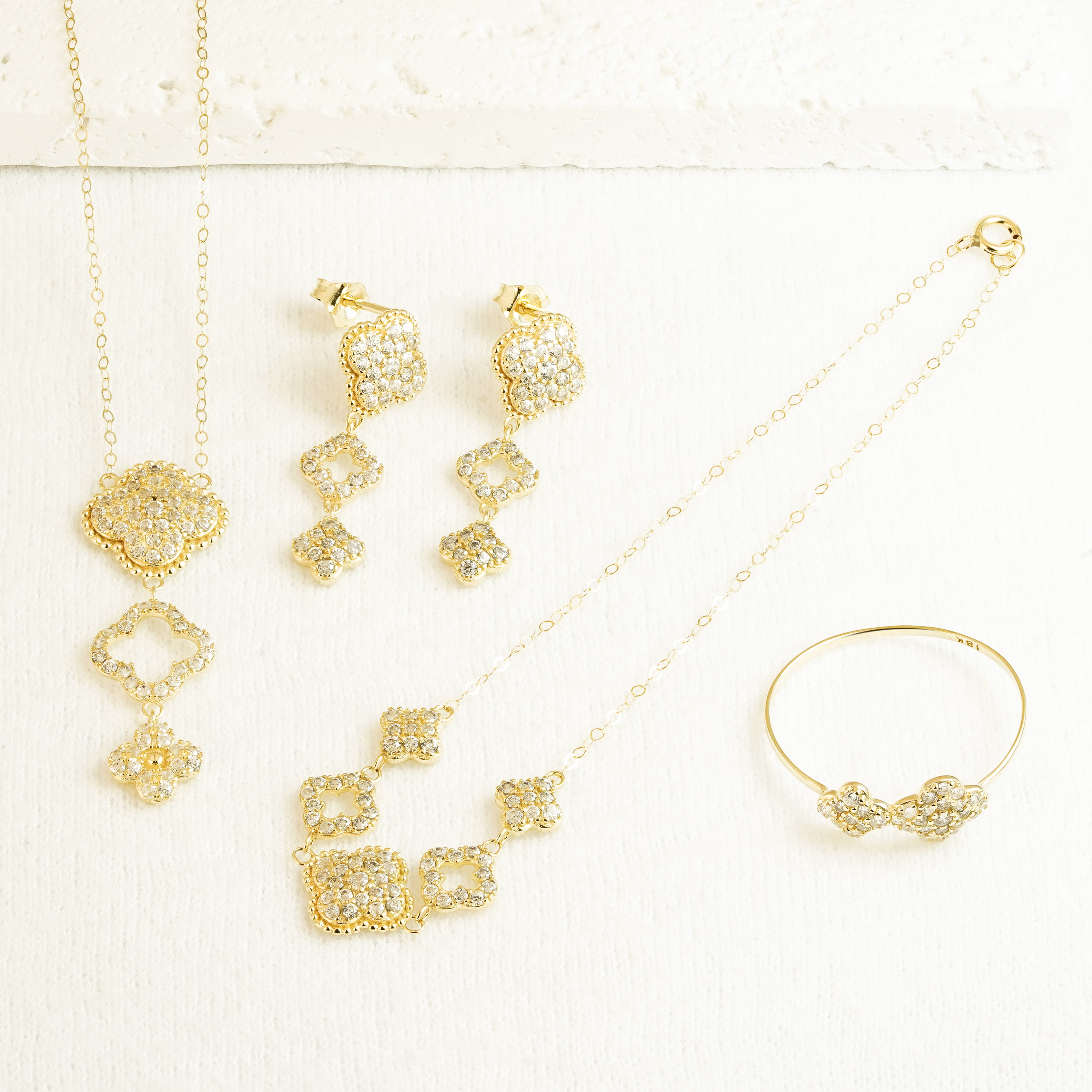 PCX Jewelry Luxe 18K Gold Clover Zircon Jewelry Set, Sparkling Hollow Design for Women's Party & Daily Elegant Wear