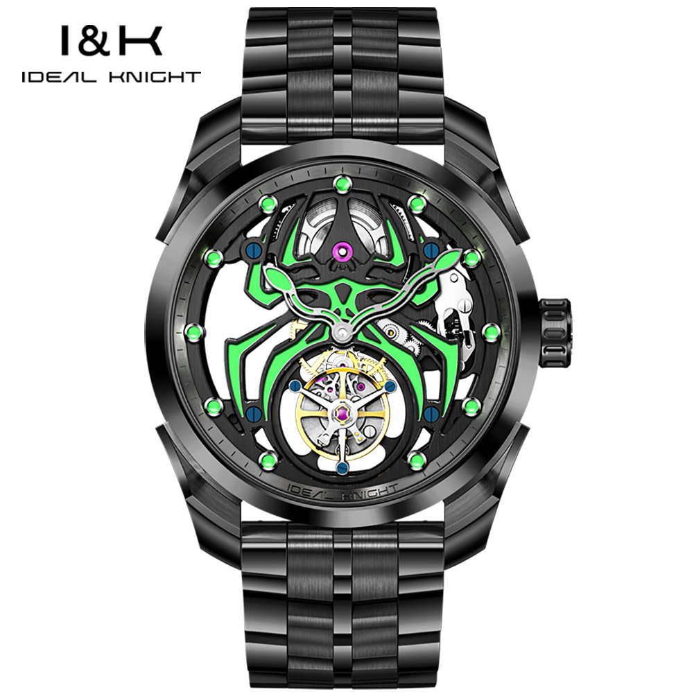 Ideal Knight 6802  Odm High Quality Luxury Stainless Steel Spider Sports Cool Design  Luminous  Hollow Tourbillon Watch for Man