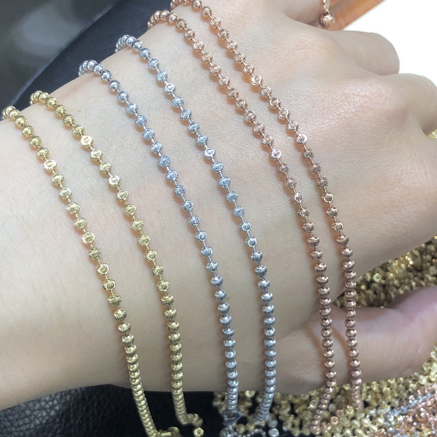 Novel Design Silver Gold Solid Gold Round Ball Bead Link Chain Lantern Chain 18k Gold Chain Roll Necklaces for Women