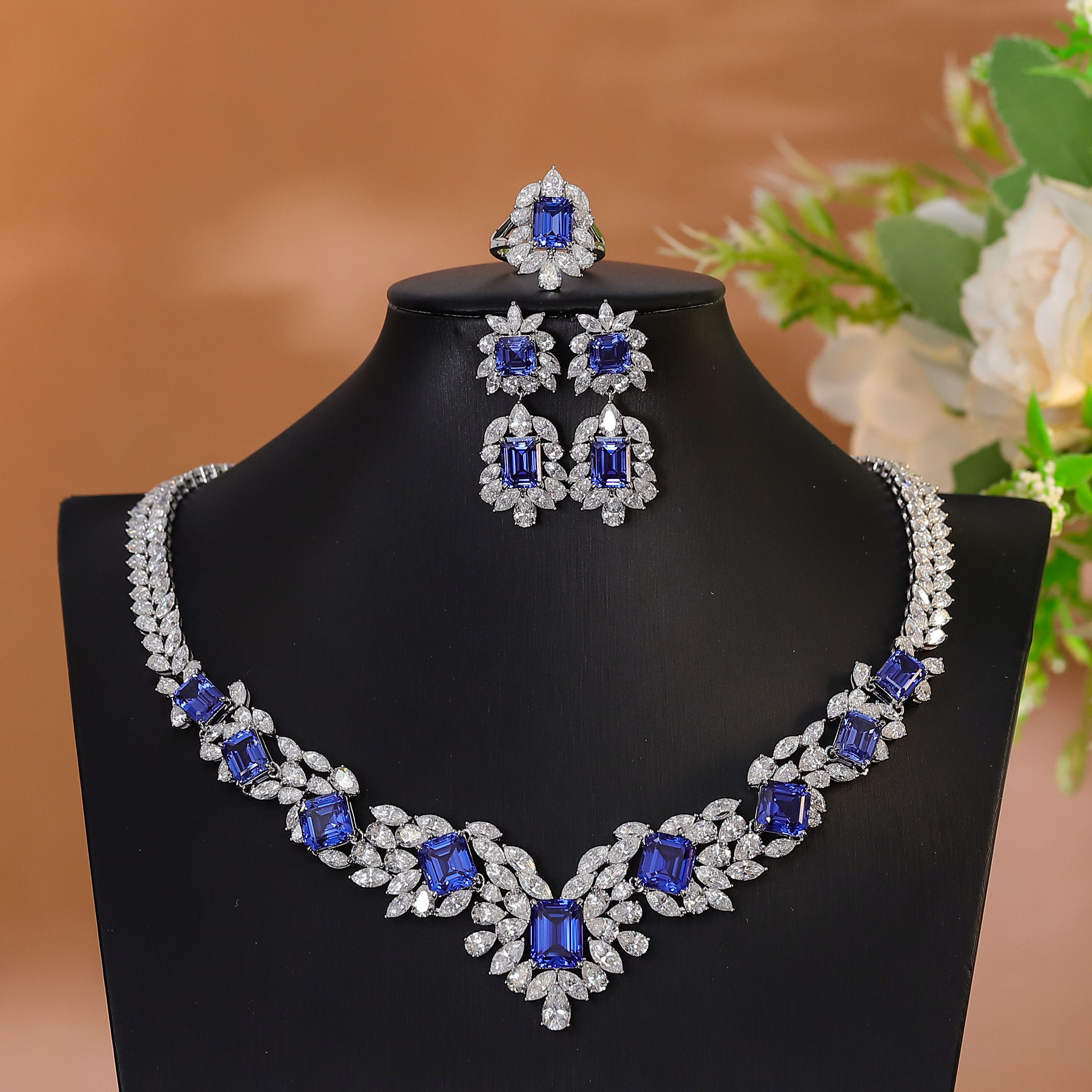 Fine Jewelry Lab Sapphire Jewelry Set S925 Silver Suitable Bridal Wedding Luxury Necklace Earrings Jewelry Set for Women's
