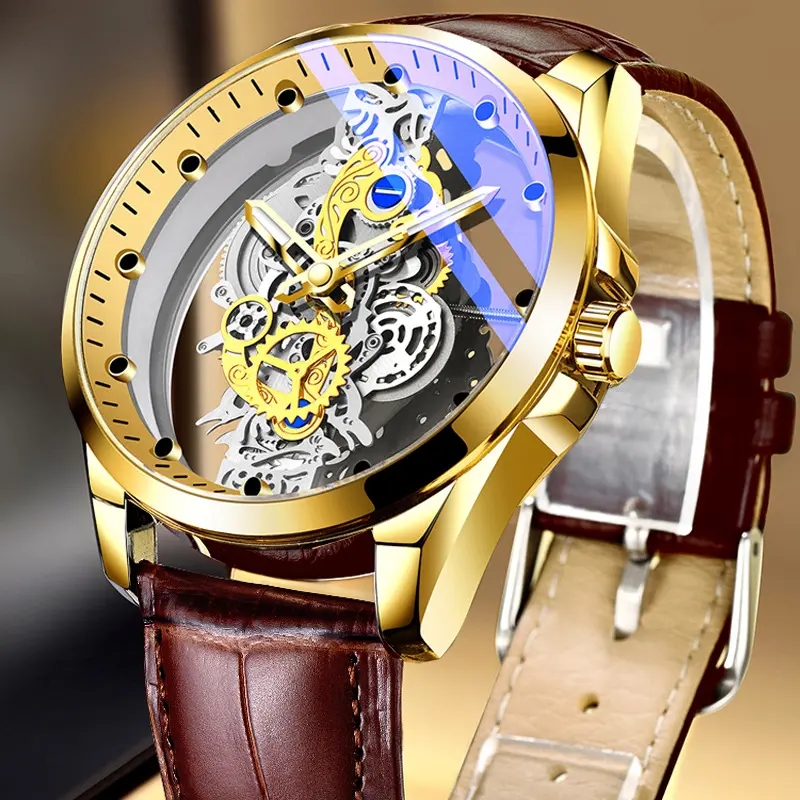 New Brand Luxury Watch for Men Fashion Skeleton Automatic Quartz Wristwatch Waterproof Steel Band Gold Vintage Men Clock Wrist